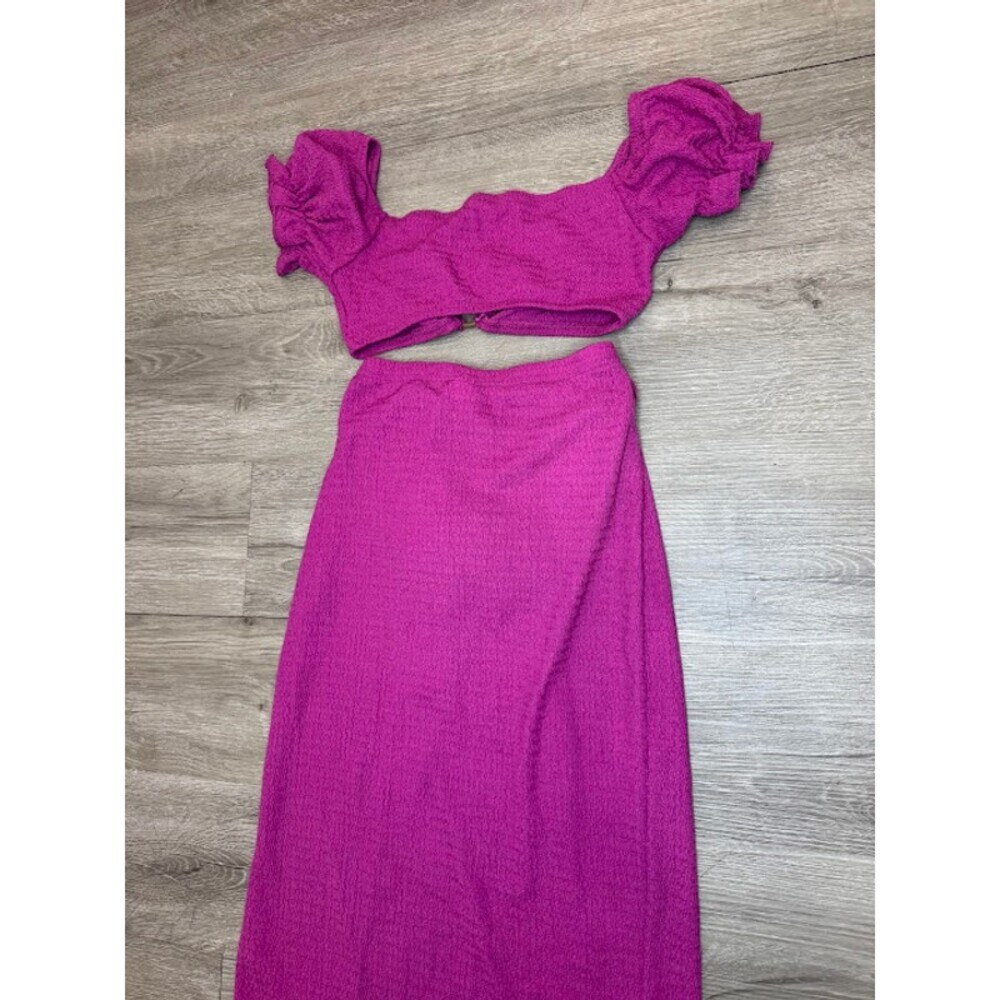 Purple Textured 2 Piece Skirt Set Puff Sleeve Crop Top Wrap Maxi Skirt XS - Picture 4 of 7